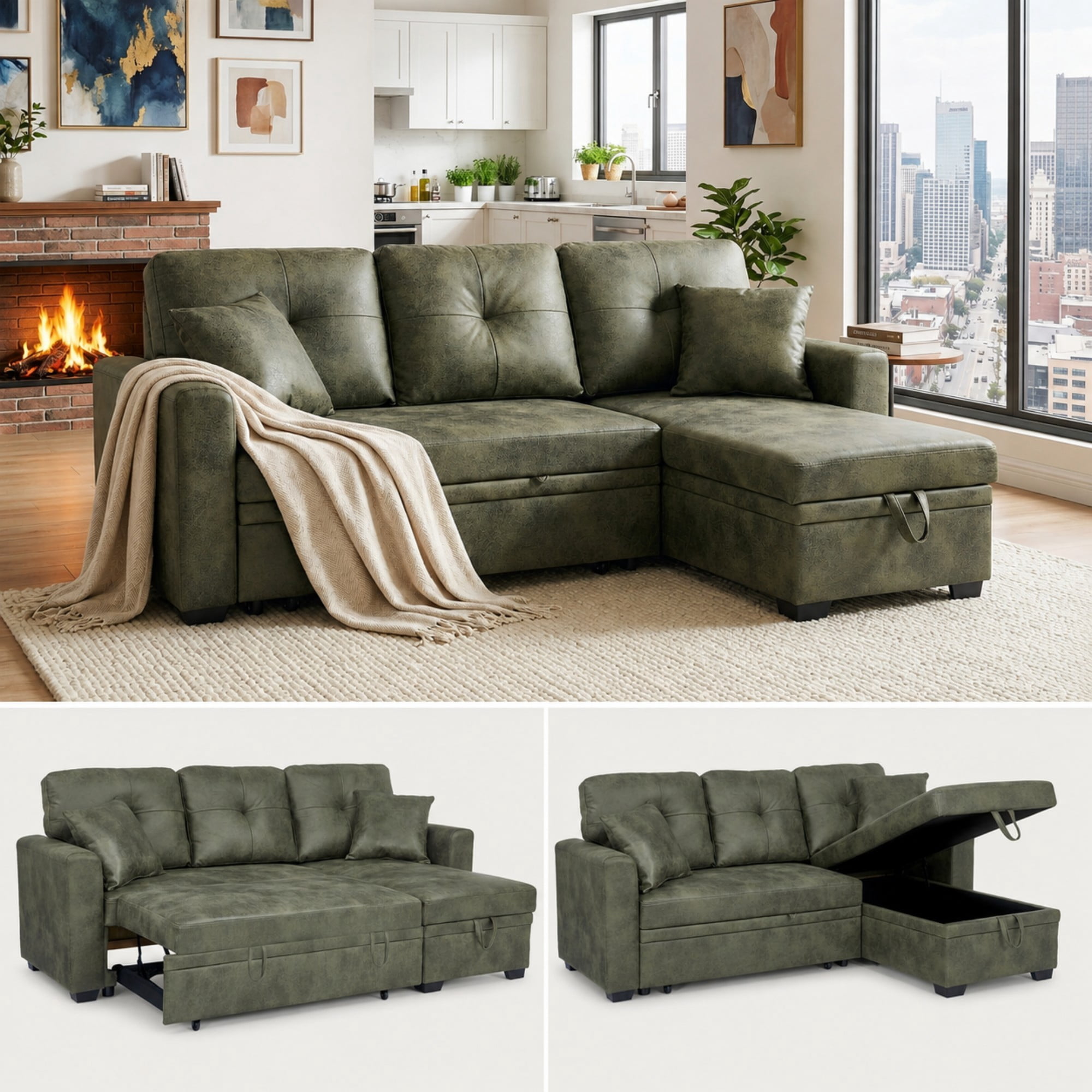 BSHTI 71" Polyester L-Shaped Pull-Out Sleeper Sofa Bed with Reversible Chaise, Hidden Storage for Living Room（Olive Green）