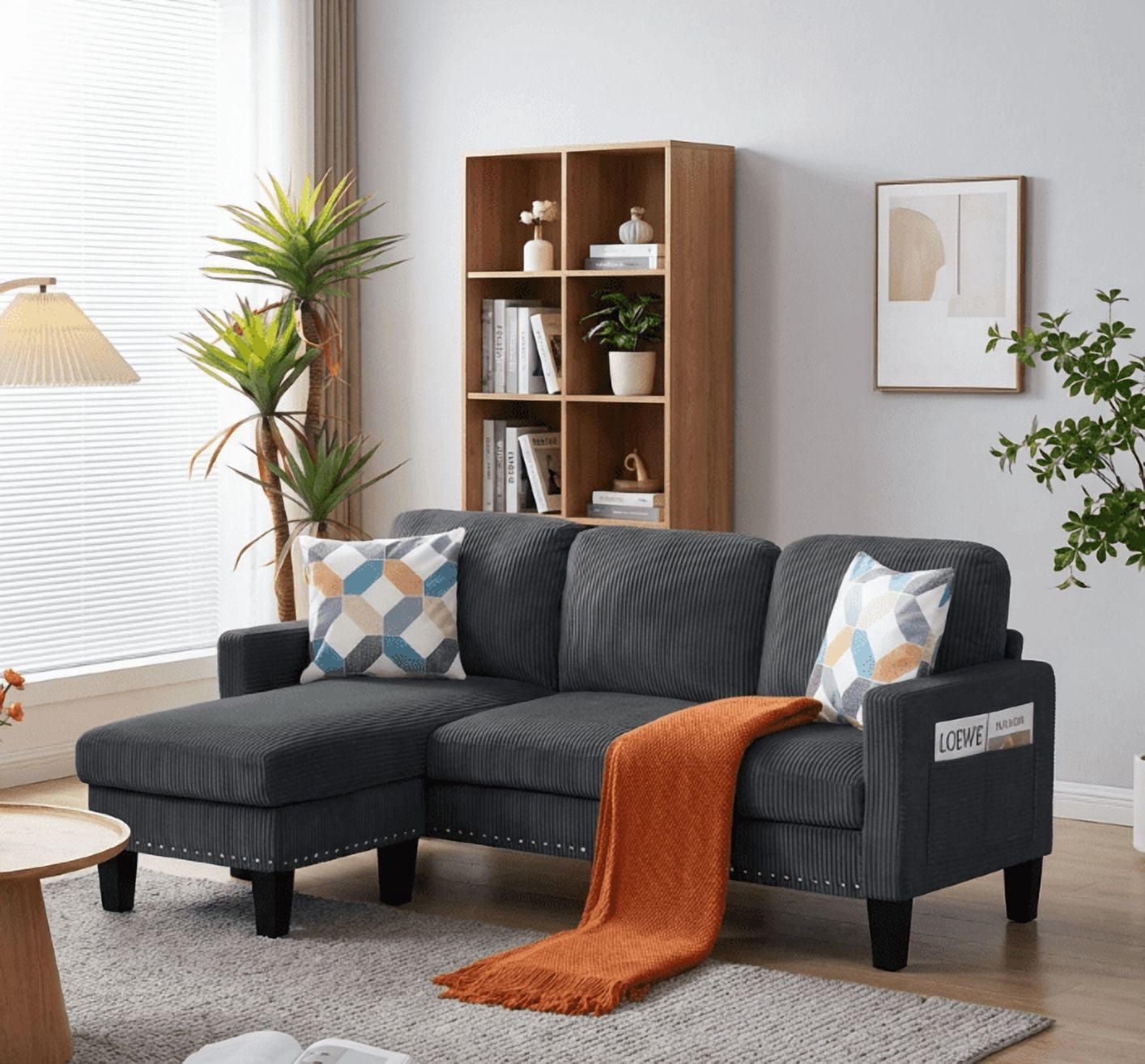 BSHTI 72.64" Corduroy L-Shaped Sectional Sofa with Movable Ottoman, Storage Pocket, Removable Covers for Living Room Office(Dark Grey)