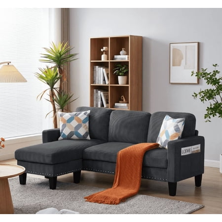 BSHTI 72.64" Corduroy L-Shaped Sectional Sofa with Movable Ottoman, Storage Pocket, Removable Covers for Living Room Office(Dark Grey)