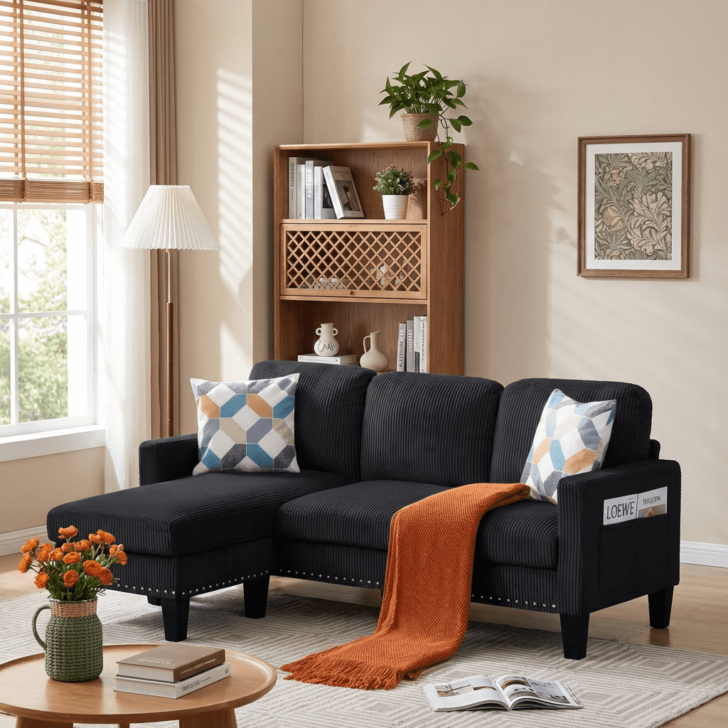 BSHTI 72.64" Corduroy L-Shaped Sectional Sofa with Movable Ottoman, Storage Pocket, Removable Covers for Living Room Office(Black)