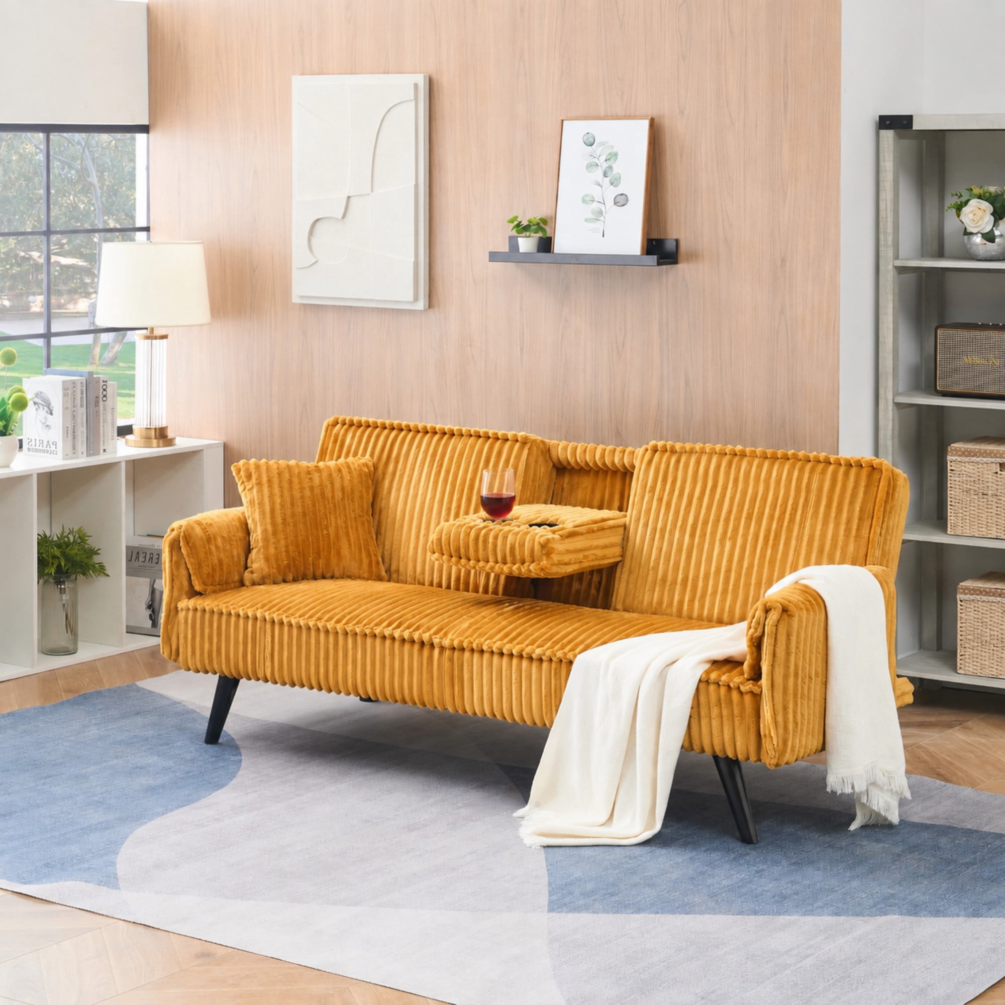 BSHTI 72" Corduroy Sofa Bed with Pull-Out Cup Holder, Adjustable Back, Straight-Line Design for Living Room（Orange）