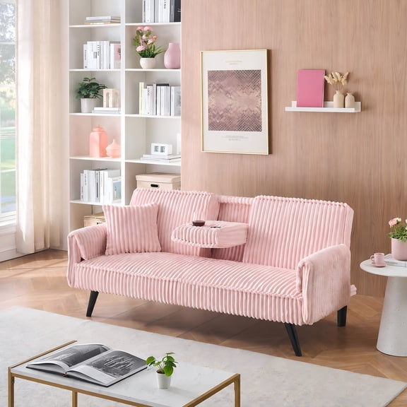 BSHTI 72" Corduroy Sofa Bed with Pull-Out Cup Holder, Adjustable Back, Straight-Line Design for Living Room(Pink)