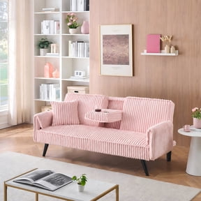 BSHTI 72" Corduroy Sofa Bed with Pull-Out Cup Holder, Adjustable Back, Straight-Line Design for Living Room(Pink)