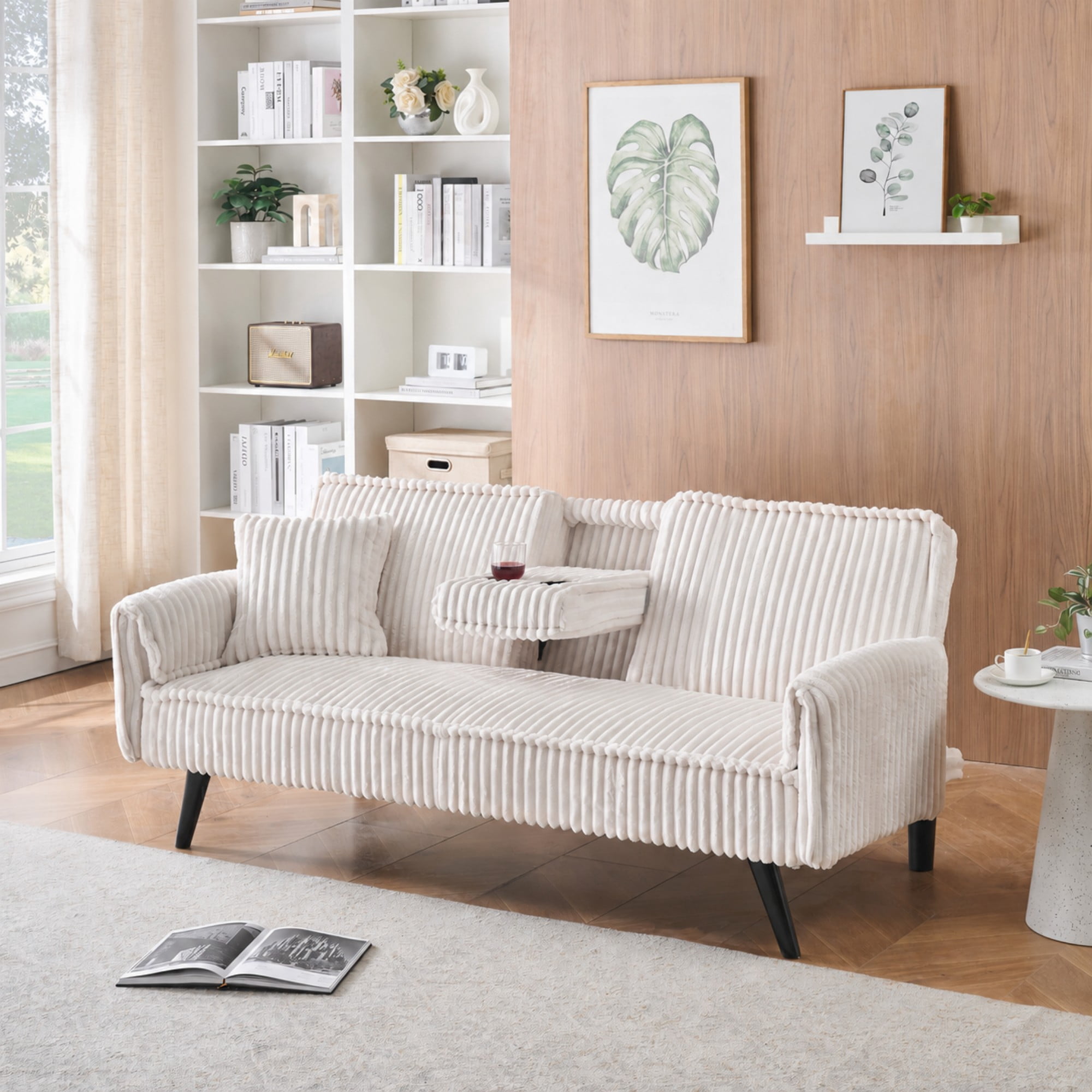 BSHTI 72" Corduroy Sofa Bed with Pull-Out Cup Holder, Adjustable Back, Straight-Line Design for Living Room（White）