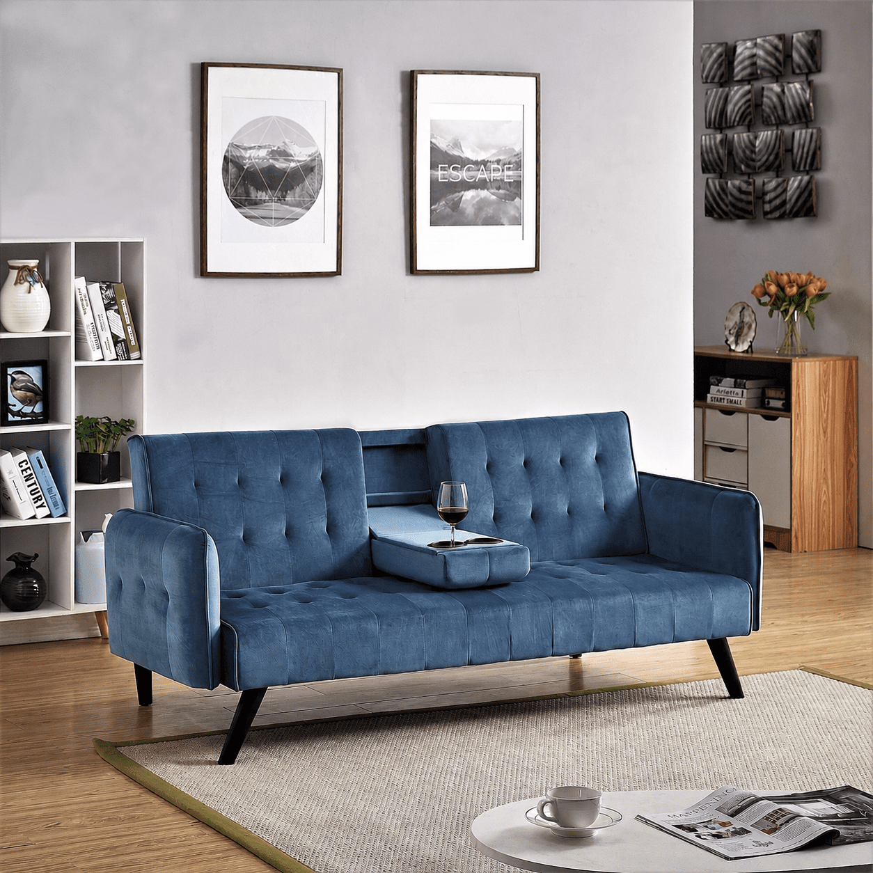 BSHTI 72" Linen Sleeper Sofa Bed with Folding Backrest,Adjustable Back, Drop-Down Table with Cup Holder for Living Room（Blue）