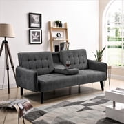 BSHTI 72" Linen Sleeper Sofa Bed with Folding Backrest,Adjustable Back, Drop-Down Table with Cup Holder for Living Room Dark Gray