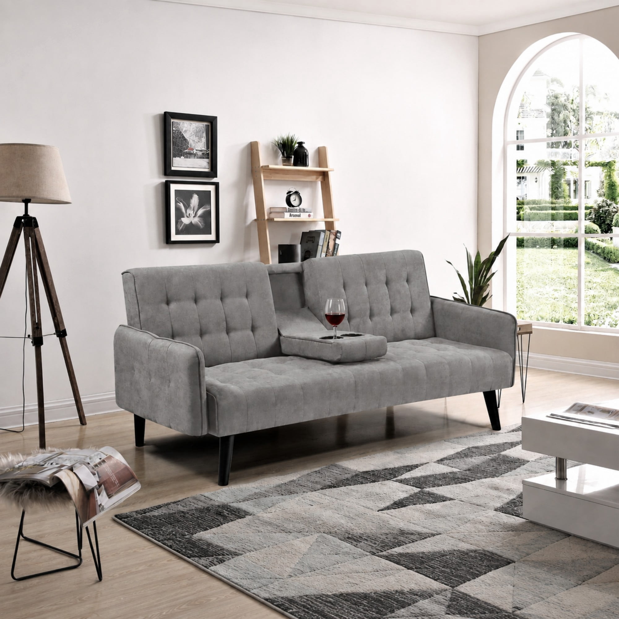 BSHTI 72" Linen Sleeper Sofa Bed with Folding Backrest,Adjustable Back, Drop-Down Table with Cup Holder for Living Room（Light Gray）