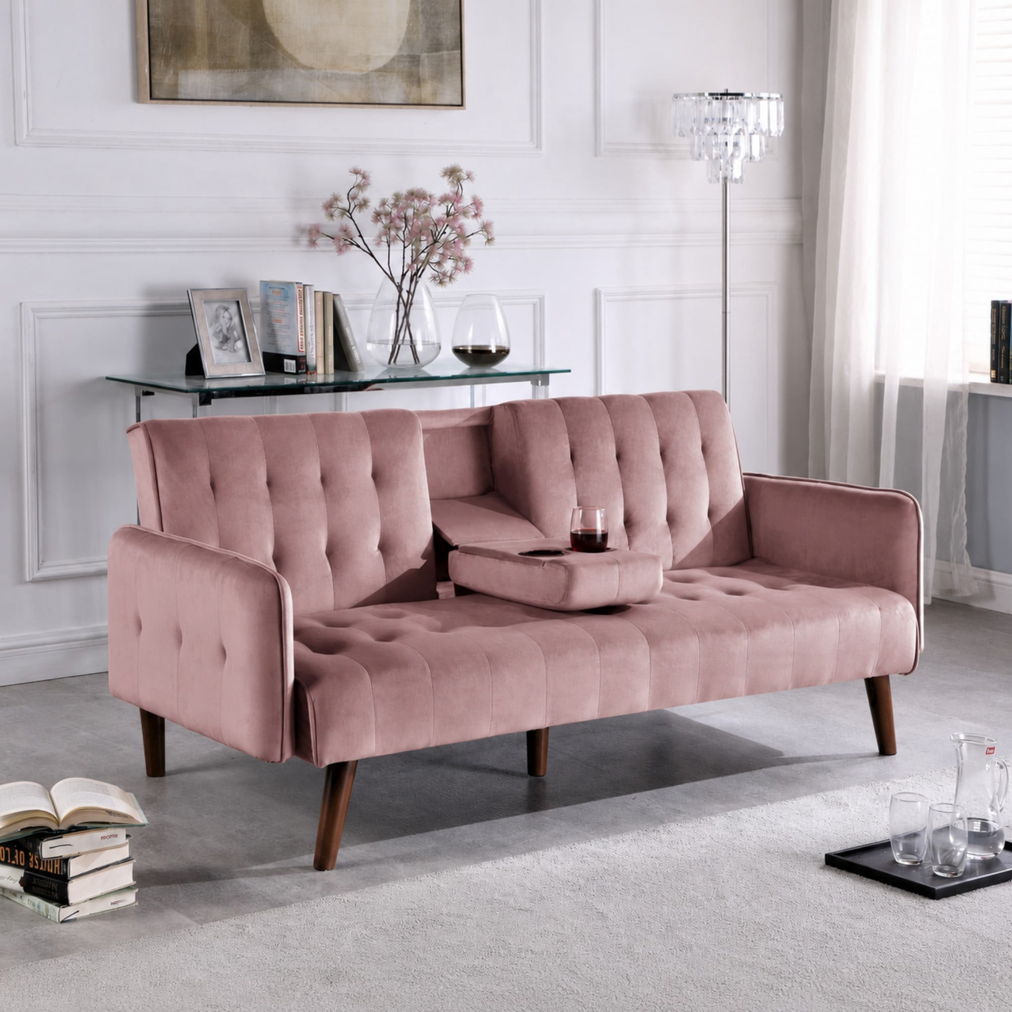 BSHTI 72" Linen Sleeper Sofa Bed with Folding Backrest,Adjustable Back, Drop-Down Table with Cup Holder for Living Room（Pink）
