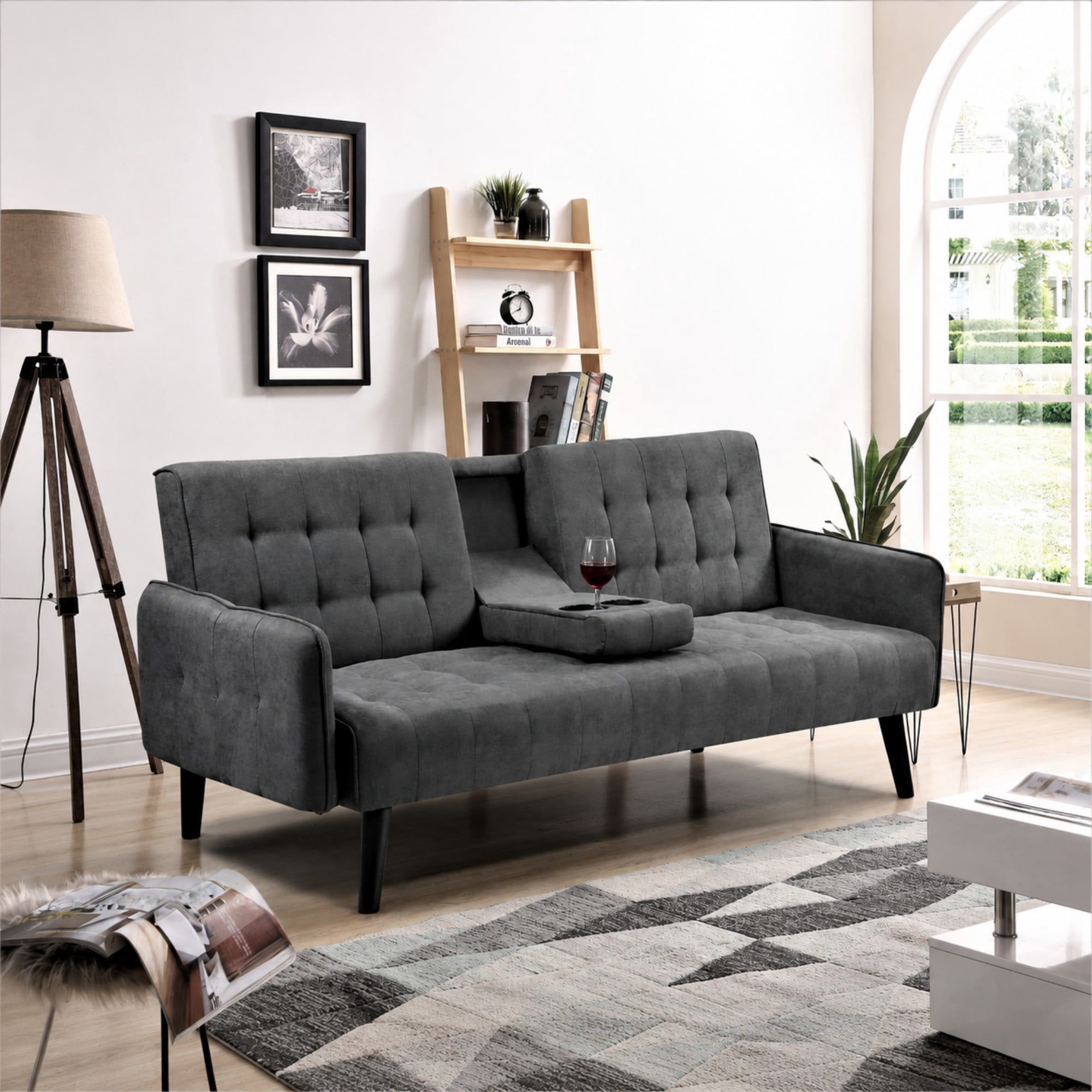 BSHTI 72" Linen Sleeper Sofa Bed with Folding Backrest,Adjustable Back, Drop-Down Table with Cup Holder for Living Room（Dark Gray）