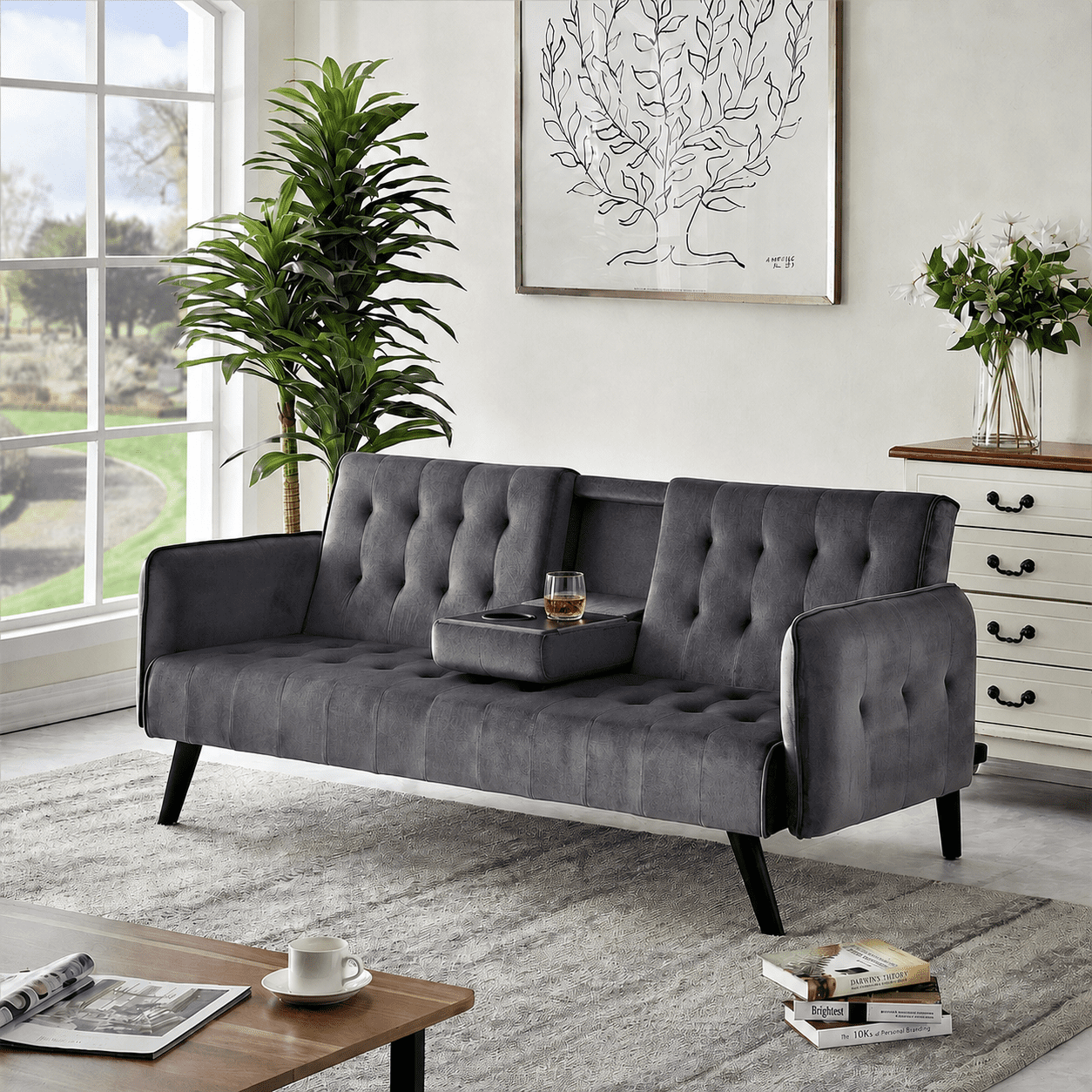 BSHTI 72" Linen Sleeper Sofa Bed with Folding Backrest,Adjustable Back,Drop-Down Table with Cup Holder for Living Room（Dark Gray）