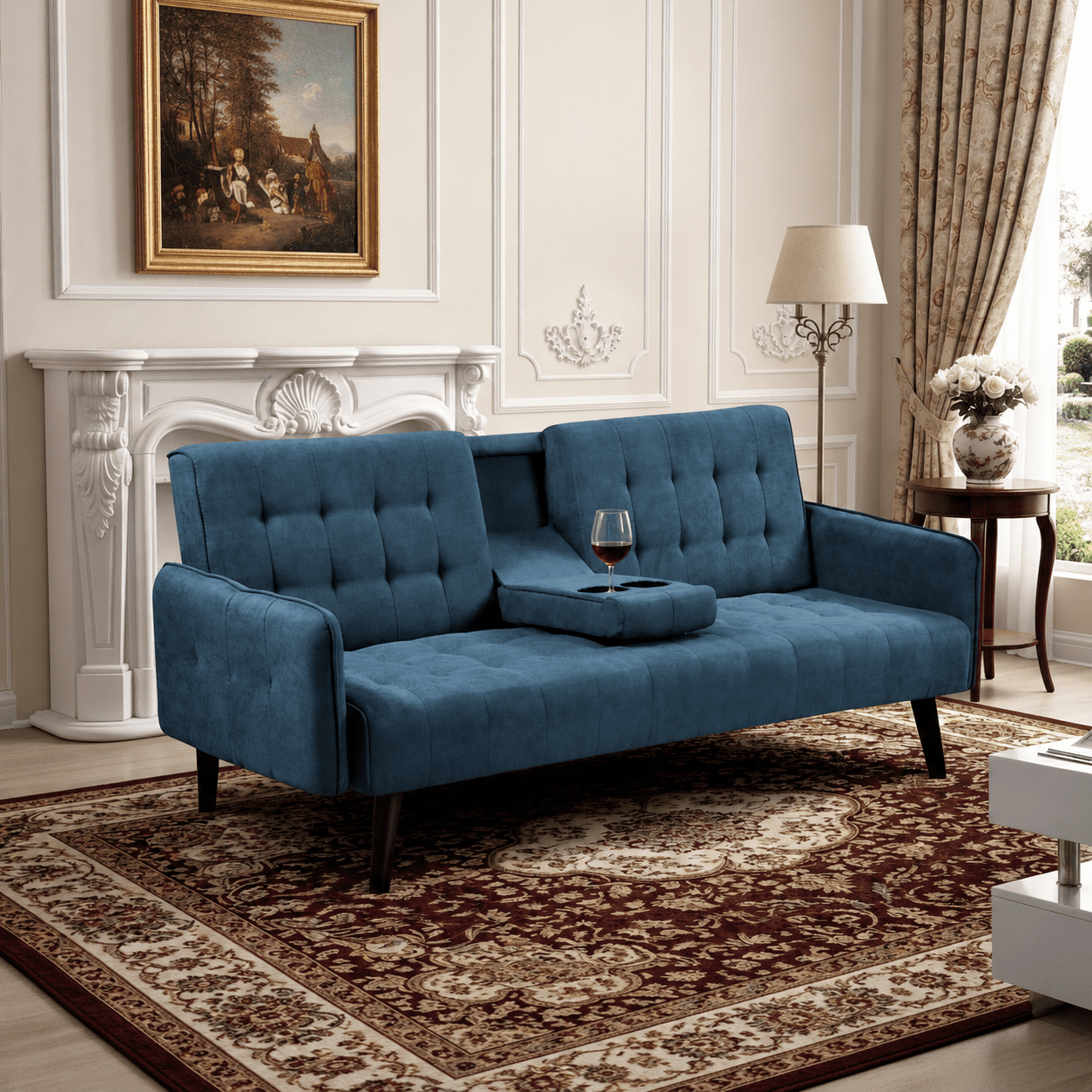 BSHTI 72" Linen Sleeper Sofa Bed with Folding Backrest,Adjustable Back, Drop-Down Table with Cup Holder for Living Room（Light Blue）