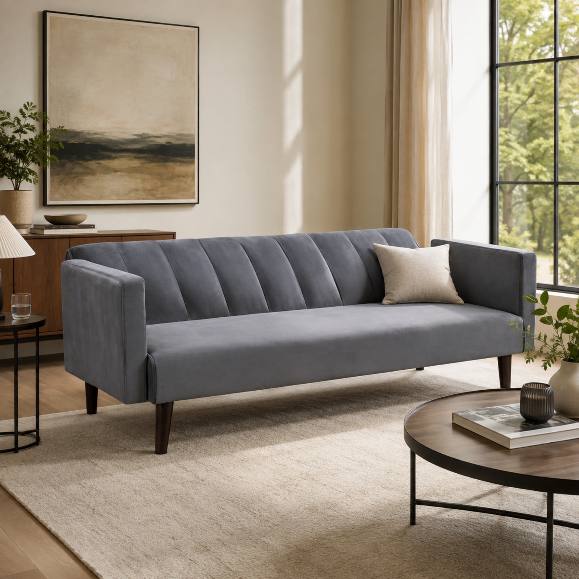 BSHTI 72" Linen Sleeper Sofa Bed with Vertical Channel Tufted Backrest,Adjustable Back, Folding Design for Living Room（Gray）