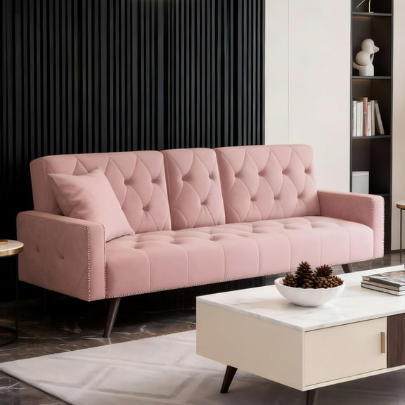 BSHTI 72" Modern Velvet Convertible Sofa Bed for Small Spaces, 2-Seater Sleeper with Pillow, Pink