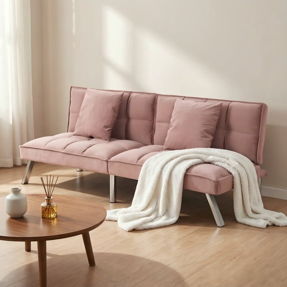 BSHTI 73" Velvet Futon Sofa Bed with 5-Position Adjustable Split-Back – Convertible Sleeper Couch with Tufted Upholstery, Metal Legs, 2 Toss Pillows Included, for Living Room, Office, Guest Room,Pink