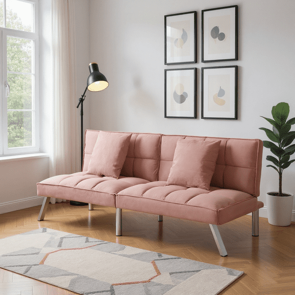 BSHTI 73 inch Modern Futon Sofa Bed with 5-Angle Adjustable Backrest, Pink Velvet Upholstery, Twin Sleeper for Home, Office, Guest Room