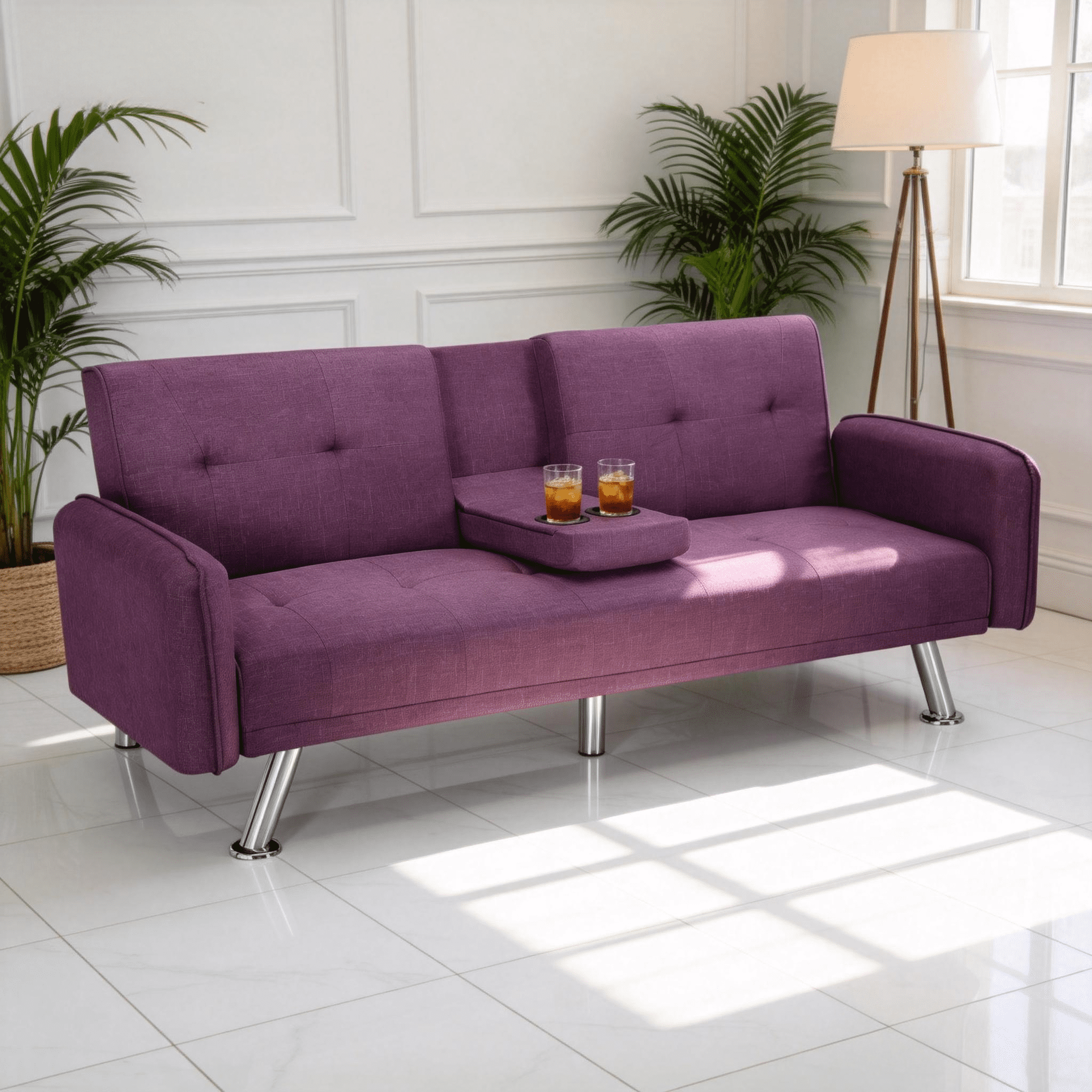 BSHTI 74.4" Futon Sleeper Sofa Bed with Drop-Down Middle Back & 2 Cup Holders, 3-Position Adjustable Backrest, Linen Upholstery, Chrome Legs, Purple