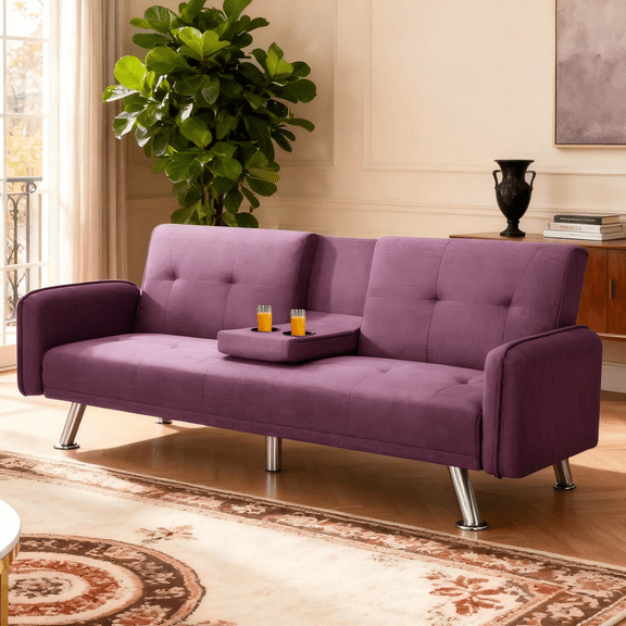 BSHTI 74.4” Futon Sleeper Sofa Bed Features a Drop-Down Middle Backrest, Twin-Sized Futon Bed, Polyester Fabric, 3 Adjustable Backrest, Plum Purple