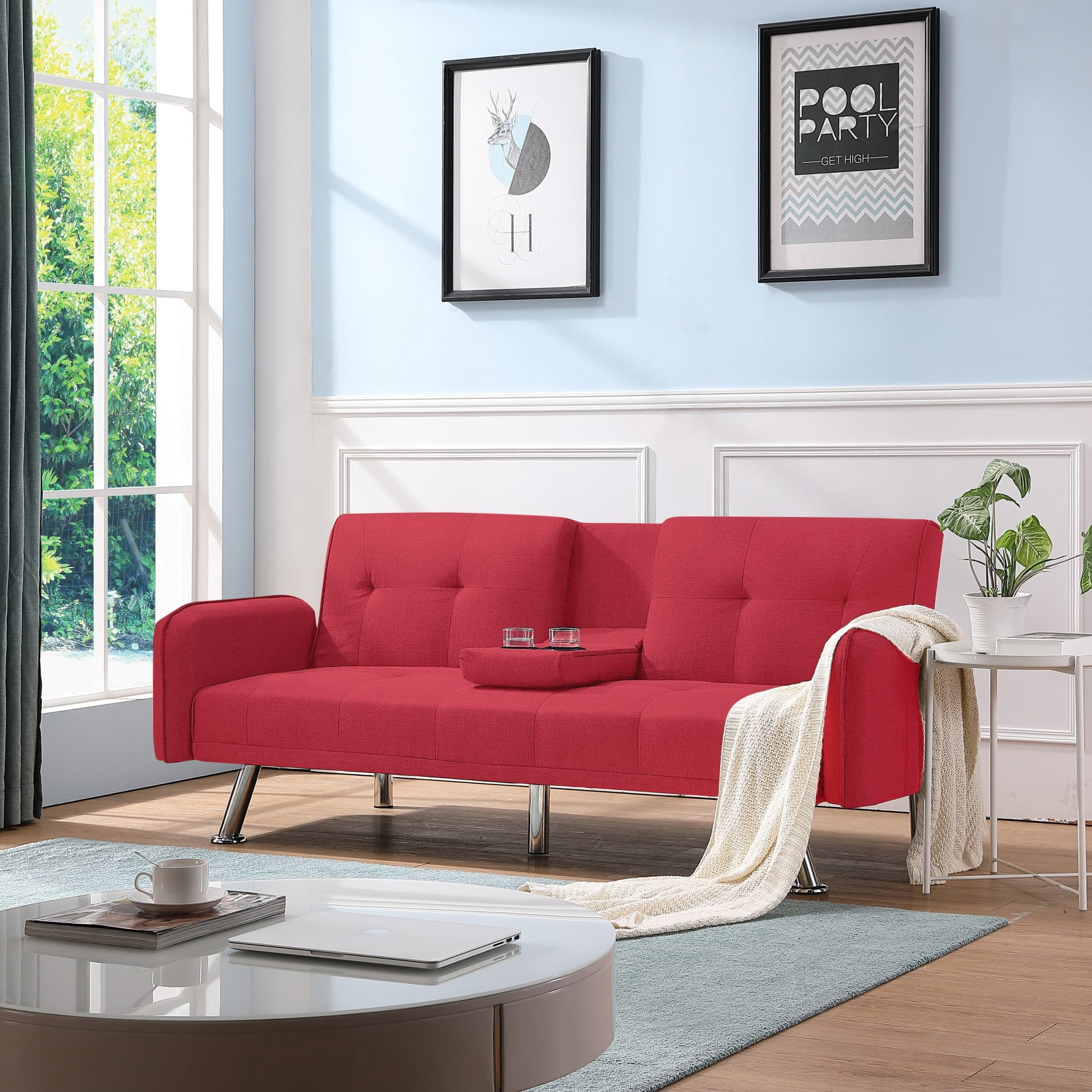BSHTI 74.4” Futon Sleeper Sofa Bed Features a Drop-Down Middle Backrest, Twin-Sized Futon Bed, Polyester Fabric, 3 Adjustable Backrest, Red