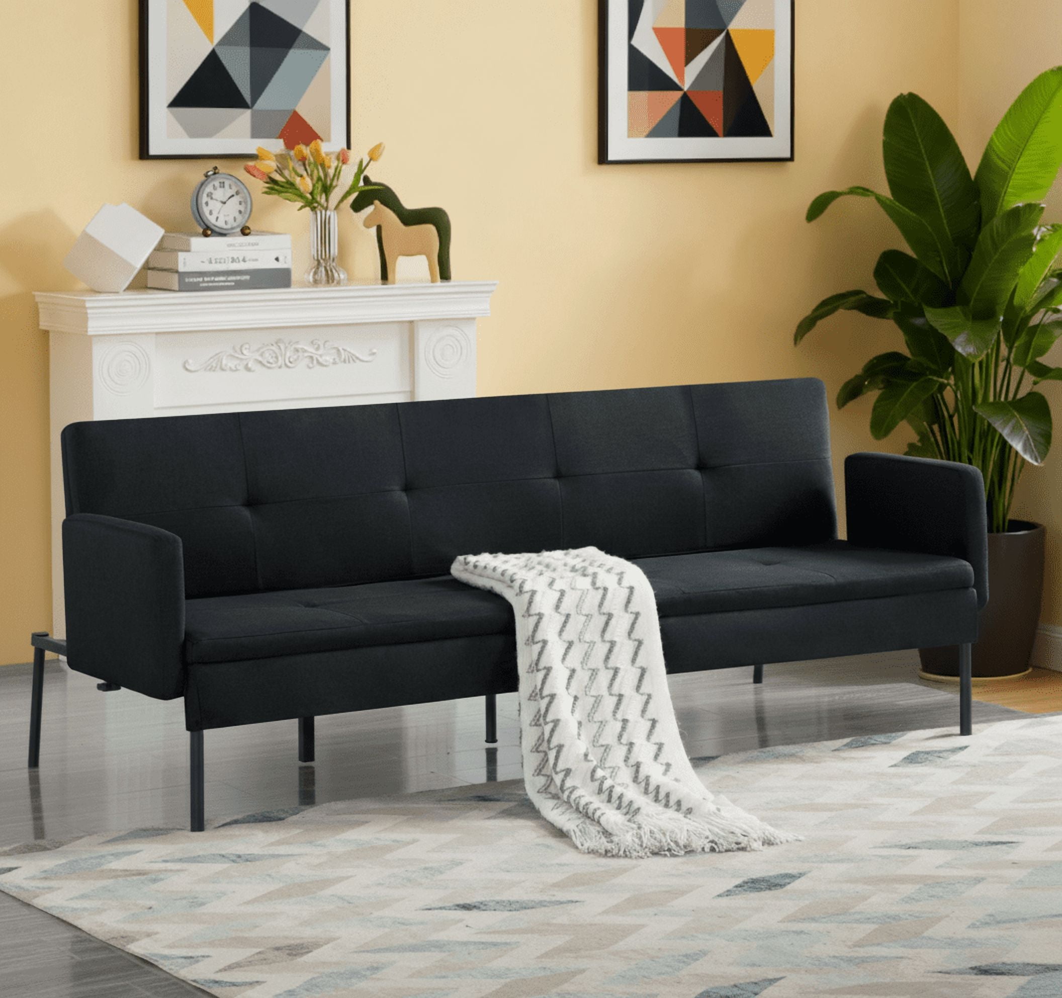 BSHTI Futon Sofa Bed,Black Polyester Upholstered,Twin Size