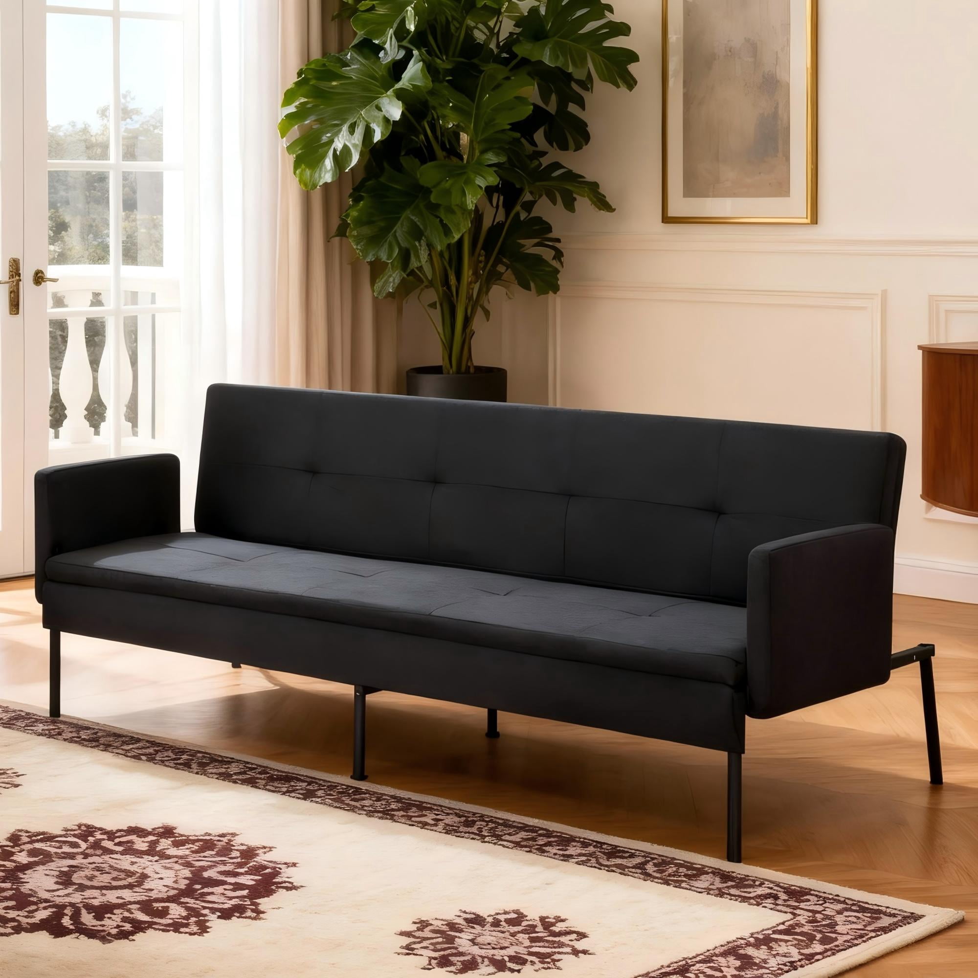 BSHTI 74.8” Futon Sofa Bed, Convertible Twin-Size Sleeper Sofa, Polyester Fabric Upholstered, 5 Positions Adjustable Backrest,Black