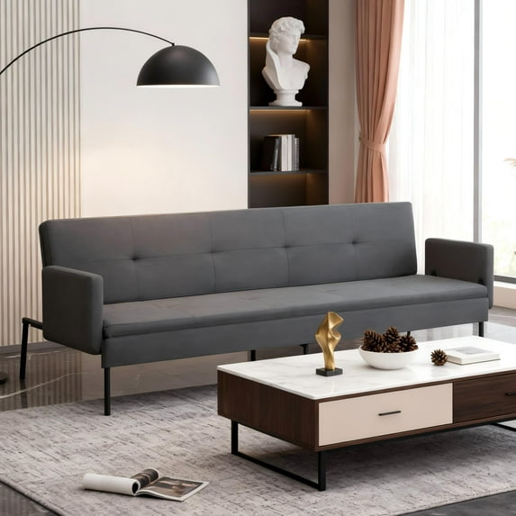 BSHTI 74.8" Futon Sofa Bed, Twin Size, 5-Position Adjustable Folding Convertible Sleeper,Polyester Upholstery, All-Iron Frame, Dark Gray