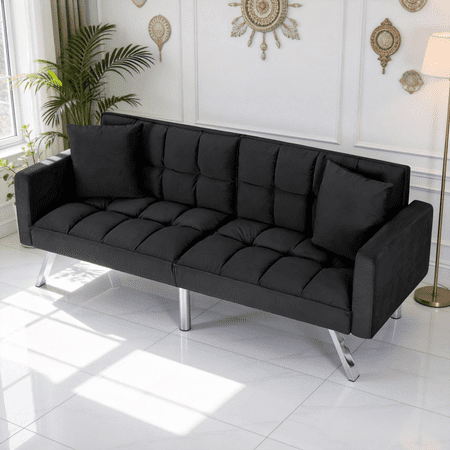 BSHTI 74" Futon Sofa Bed with Square-Tufted Velvet Upholstery, 3-Position Adjustable Split Back, 2 Toss Pillows Included, Easy Assembly, Black