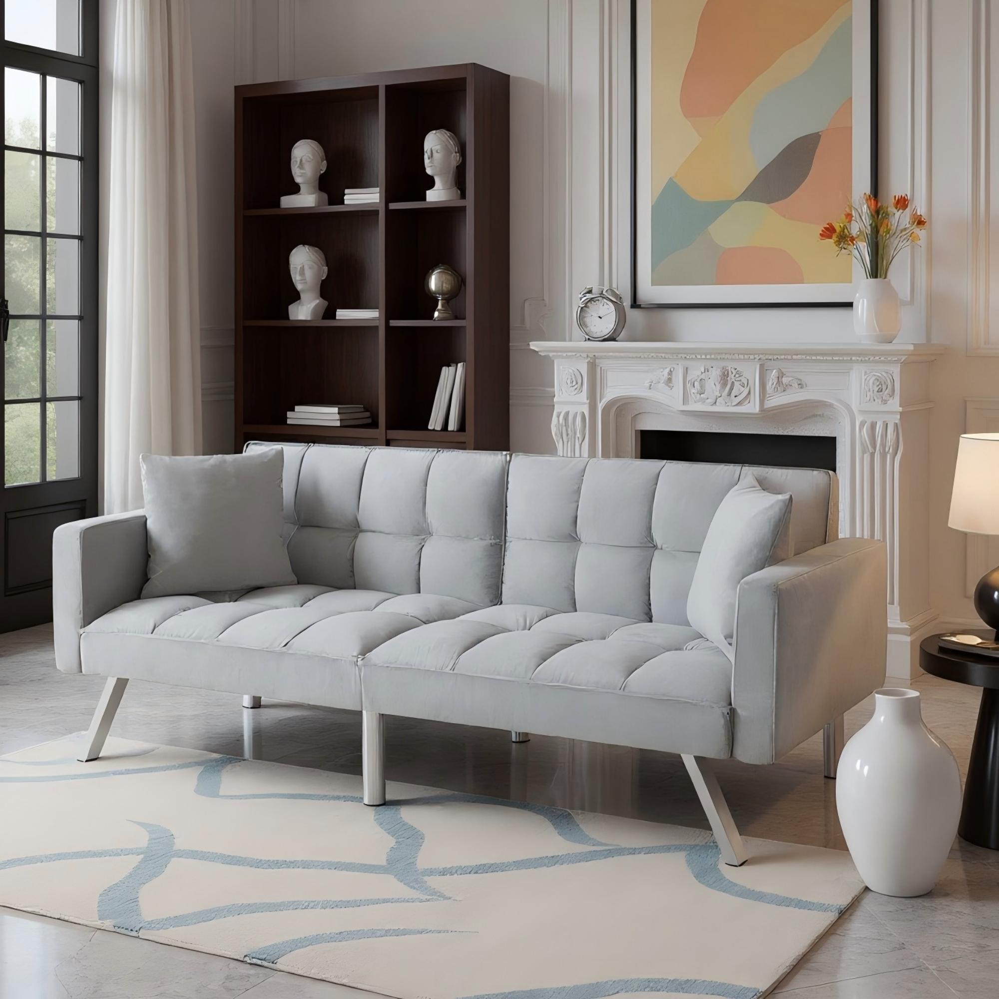 BSHTI 74-Inch Futon Convertible Stylish Sofa, Twin Size with 3 Adjustable Angled Backrest, Luxurious Velvet, 2 Toss Pillows, Easy Assembly Sleeper Sofa, Gray