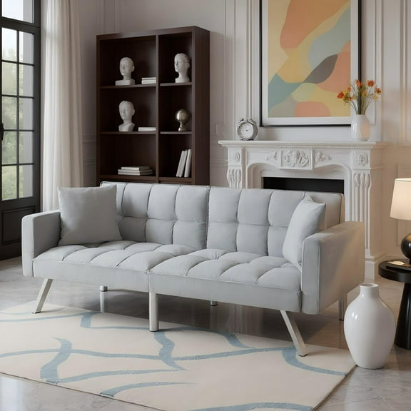 BSHTI 74-Inch Futon Convertible Stylish Sofa, Twin Size with 3 Adjustable Angled Backrest, Luxurious Velvet, 2 Toss Pillows, Easy Assembly Sleeper Sofa, Gray