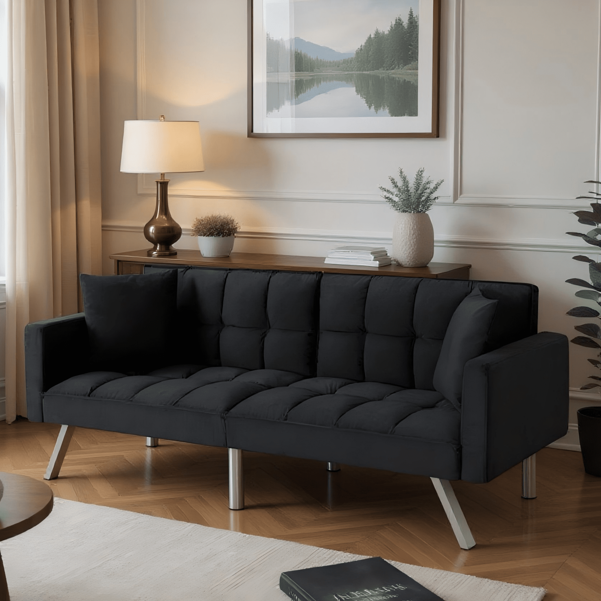 BSHTI 74”Tufted Futon Sofa Bed,Twin Size Black Velvet Fabric