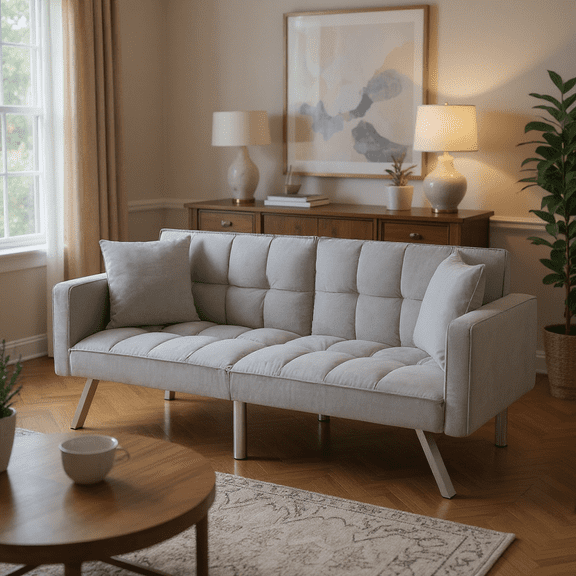 BSHTI 74”Tufted Futon Sofa Bed,Twin Size Light Gray Velvet Fabric Sleeper Sofa,3 Angles for Adjusting Sofa,for your Home,Office,and Guest Room