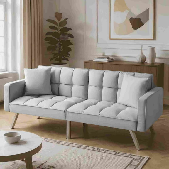 BSHTI 74” Twin Size Futon Sofa Bed, Split-Backrest Convertible Sleeper, Velvet Upholstery, 3 Adjustable Angles,Assembly is Quick and Easy, Gray