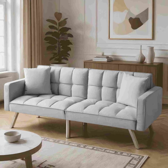 BSHTI Velvet Futon Sofa Bed 74” Convertible Sleeper – Split-Back 3-Position Adjustable, Solid Wood Frame, 2 Pillows, Easy Assembly, for Living Room Office Guest Room, Gray