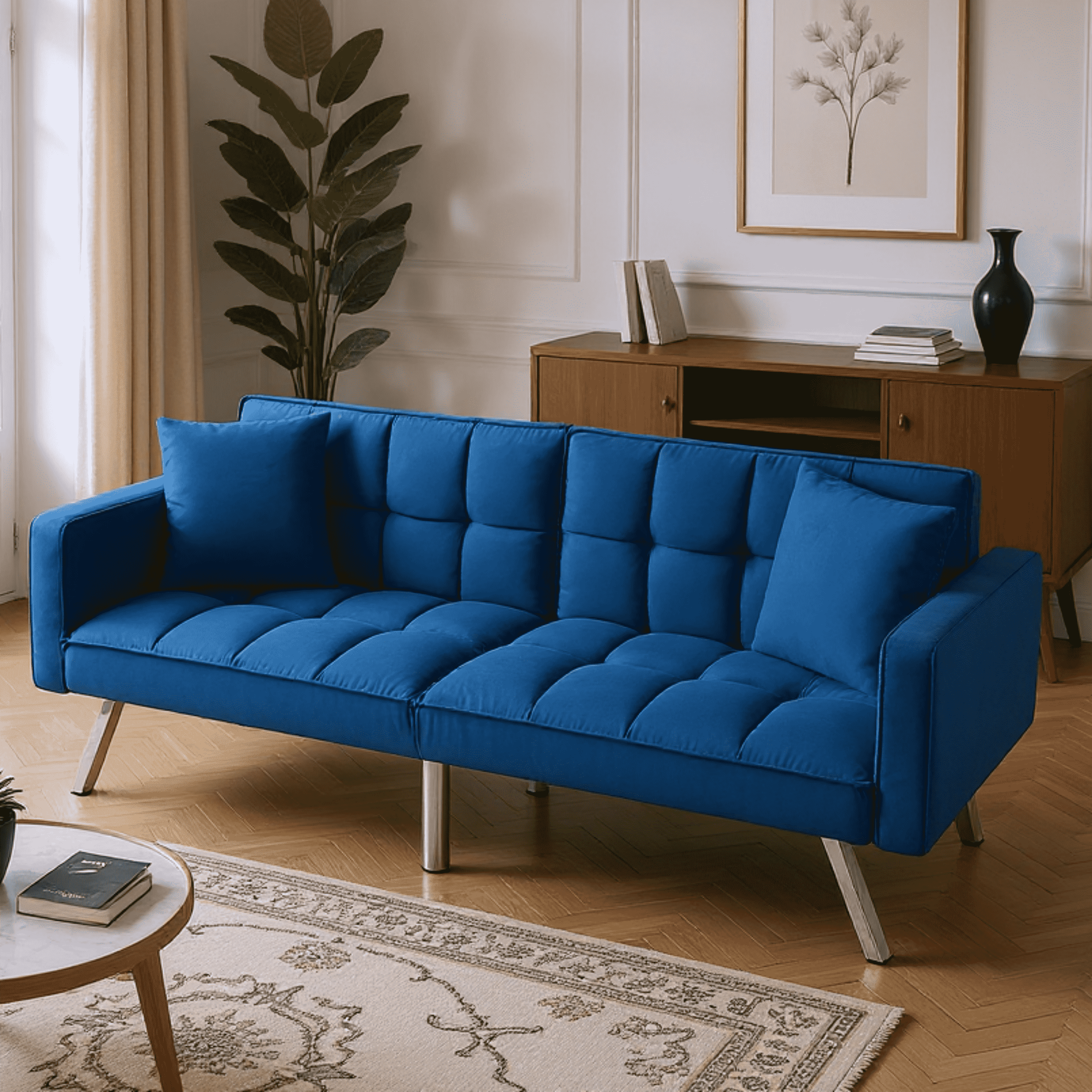 BSHTI Velvet Futon Sofa Bed 74” Convertible Sleeper – Split-Back 3-Position Adjustable, Solid Wood Frame, 2 Pillows, Easy Assembly, for Living Room Office Guest Room, Navy