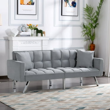 BSHTI 74” Twin Size Futon Sofa Bed,Square-tufted Upholstery Futon Sleeper,Velvet Fabric Sleeper Sofa,for Home,Office,and Guest Room,Light Gray