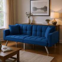 BSHTI 74” Twin Size Futon Sofa Bed,Square-tufted Upholstery Futon Sleeper,Velvet Fabric Sleeper Sofa,for Home,Office,and Guest Room,Light Gray