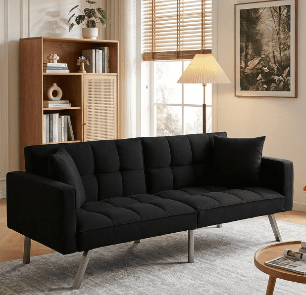 BSHTI 74 inch Modern Twin Size Futon Sofa Bed,Square-tufted Upholstery Futon Sleeper,Velvet Fabric Sleeper Sofa,for Home,Office,and Guest Room,Light Gray