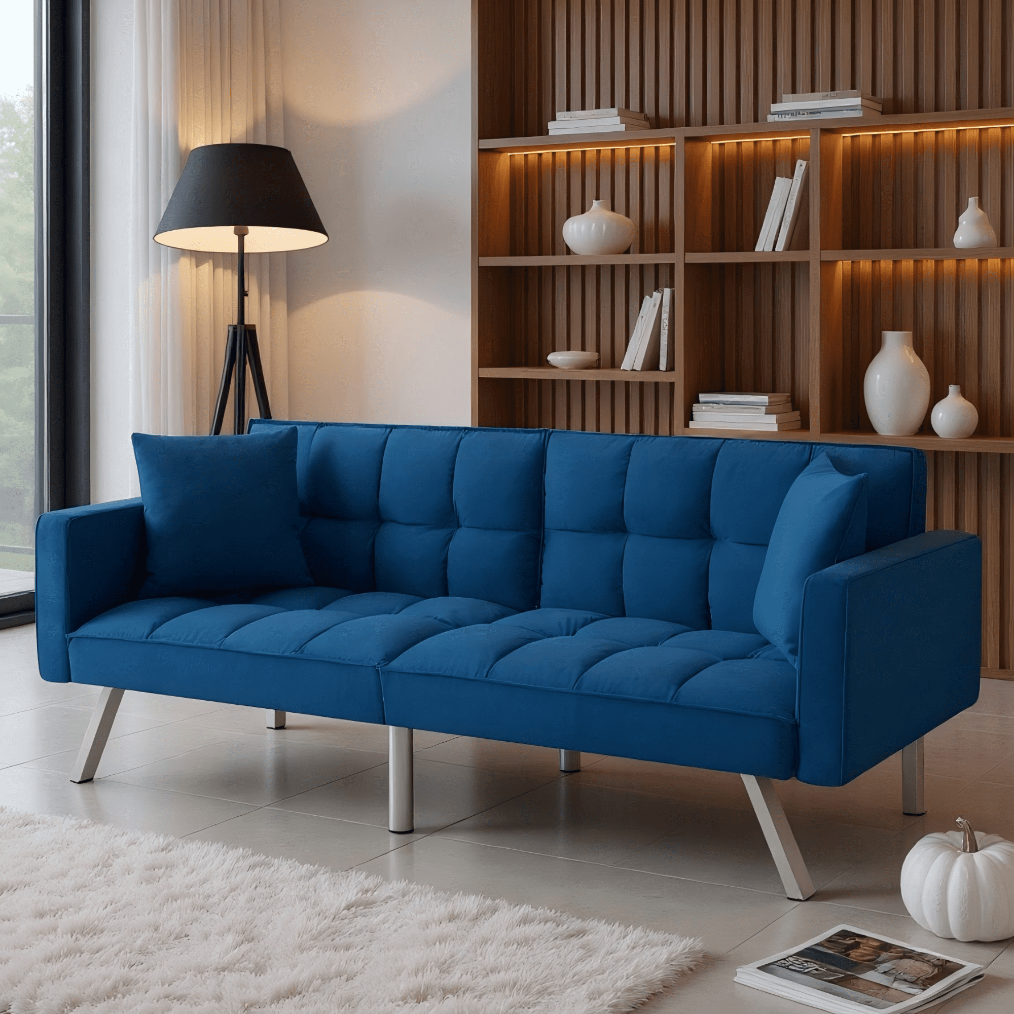 BSHTI 74” x 26.4” Futon Convertible Sofa, 3 Angles for Adjusting, Velvet Fabric, Square-Tufted Upholstery, with Silver Metal Legs, Twin Size Sleeper Sofa, Navy Blue