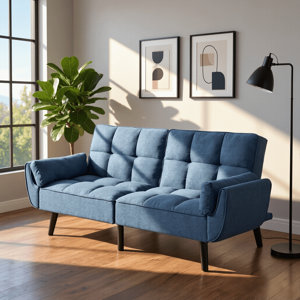 BSHTI 75.2" Linen Convertible Futon Sofa Bed with Split Back & 3-Position Adjustment, Tufted Design, Flared Arms, for Living Room & Guest Room(Dark Blue)