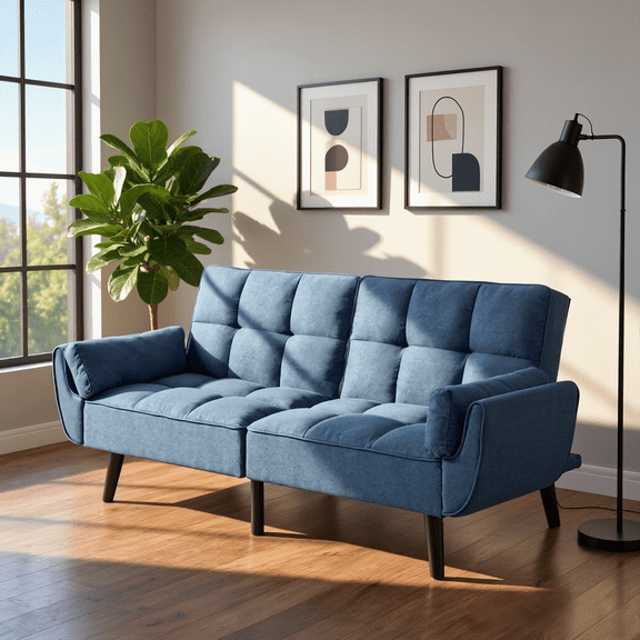 BSHTI 75.2" Linen Convertible Futon Sofa Bed with Split Back & 3-Position Adjustment, Tufted Design, Flared Arms, for Living Room & Guest Room(Blue)