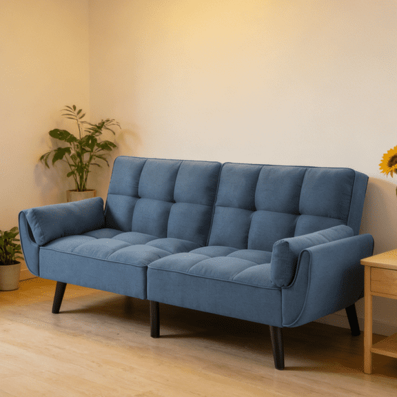 BSHTI 75.2 inch Modern Futon Sofa Bed,Multi-functional Design Sofa Sleeper and The bbackrest has 3 Adjustable Positions for Home,Office,and Guest Room,Blue