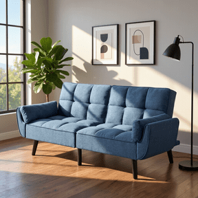 BSHTI 75.2" Linen Convertible Futon Sofa Bed with Split Back & 3-Position Adjustment, Tufted Design, Flared Arms, for Living Room & Guest Room(Blue)