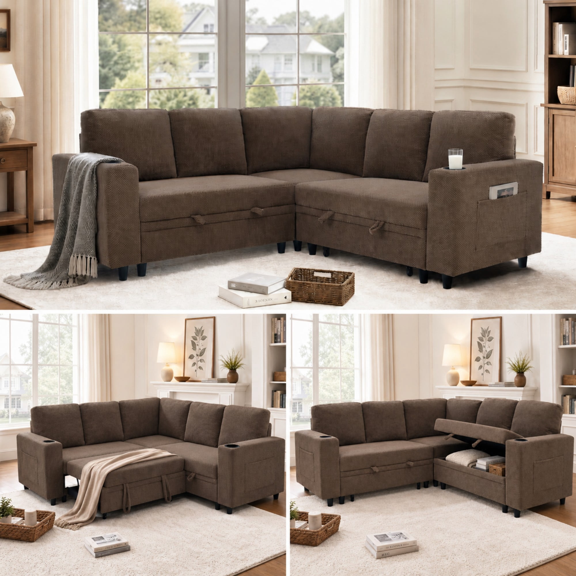 BSHTI 76.5" Polyester L-Shaped Sectional Sofa Bed with Hidden Storage, Cup Holders, Side Pockets, Pull-Out Design for Living Room(Coffee)