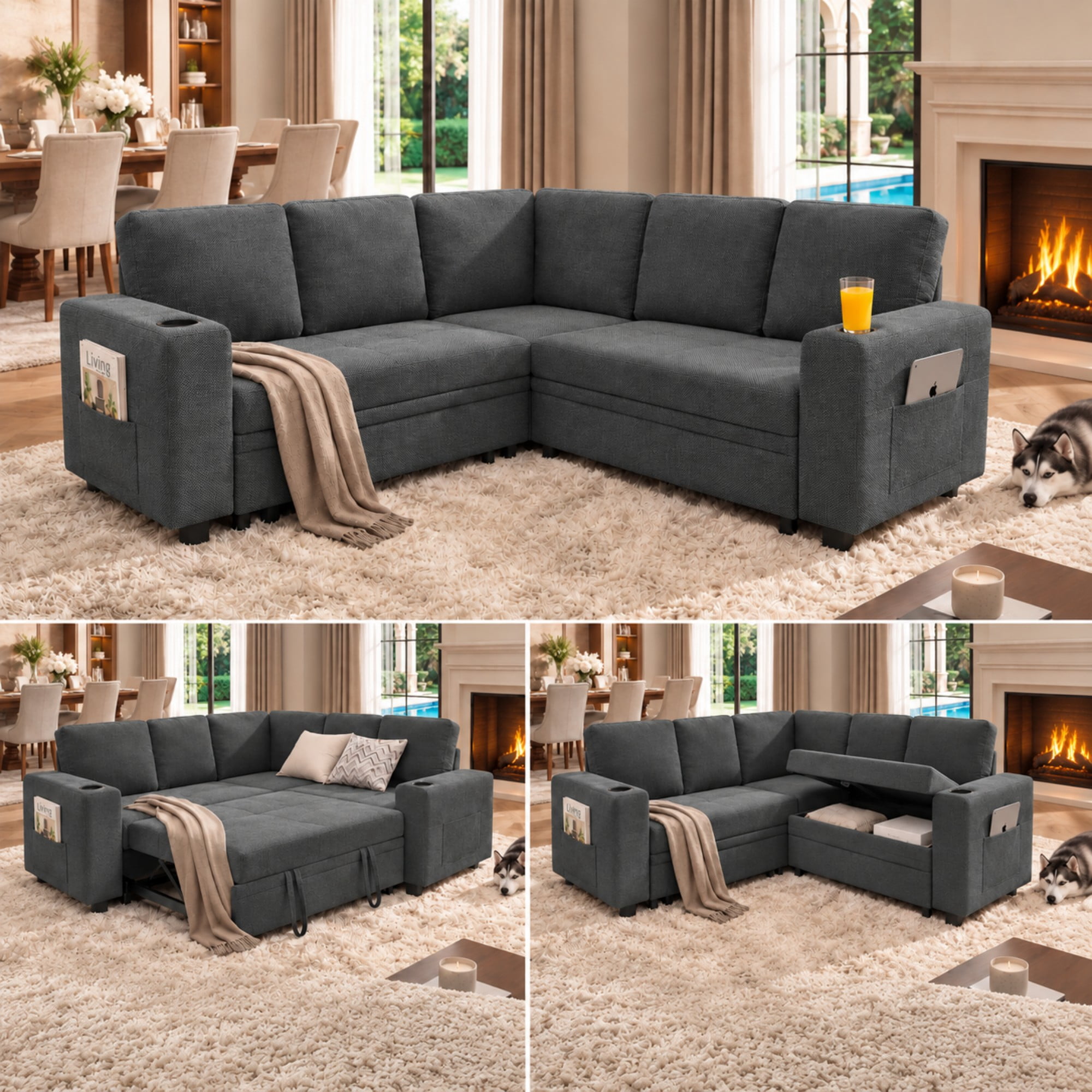 BSHTI 76.5" Polyester L-Shaped Sectional Sofa Bed with Hidden Storage, Cup Holders, Side Pockets, Pull-Out Design for Living Room(Dark Gray)