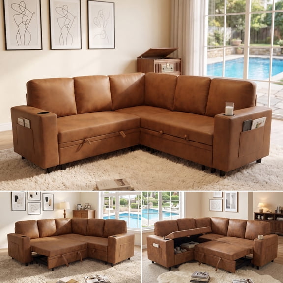 BSHTI 76.5" Polyester L-Shaped Sectional Sofa Bed with Hidden Storage, Cup Holders, Side Pockets, Pull-Out Design for Living Room (Light Brown)