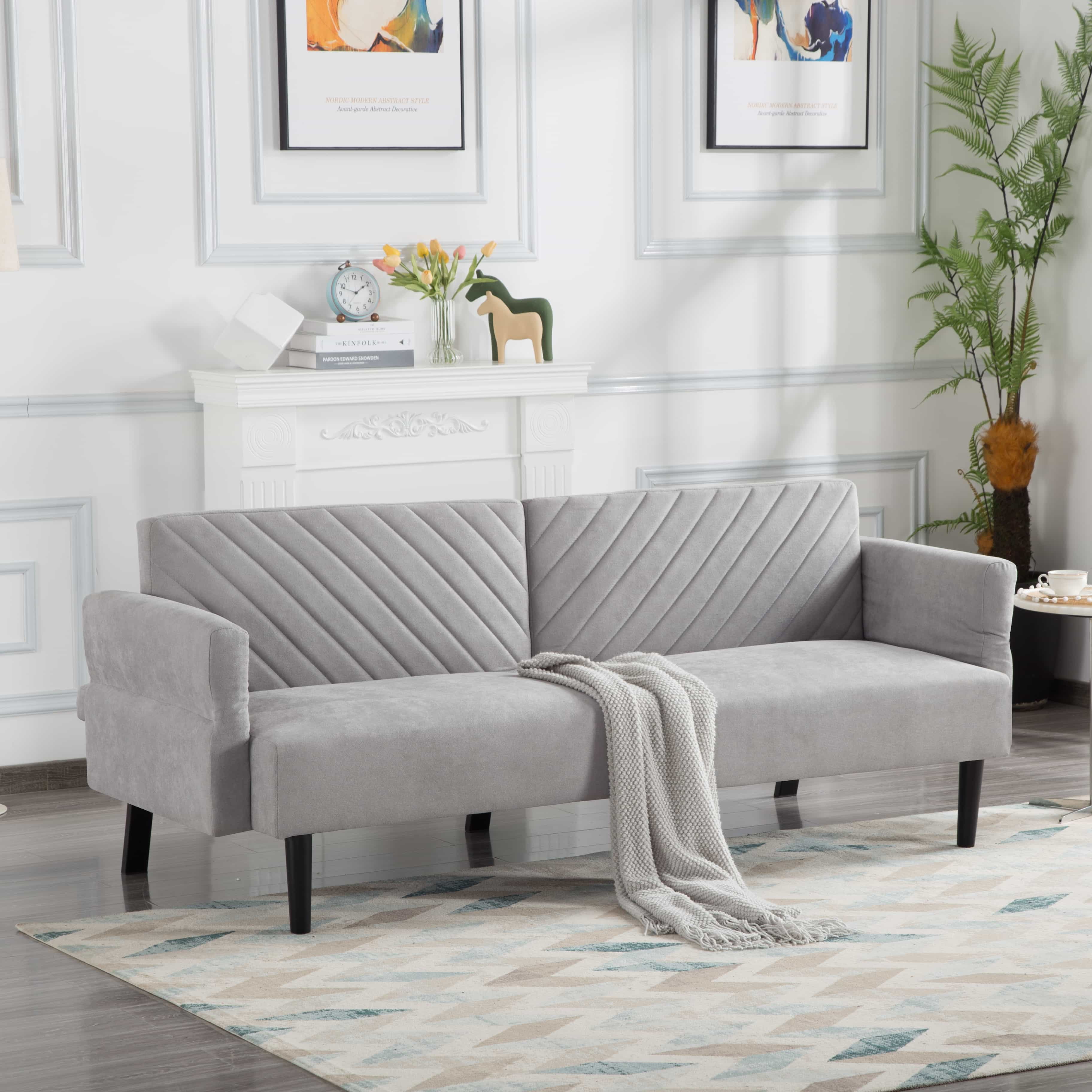 BSHTI 76.8”Tufted Back Futon Sofa,Twin Size Convertible Sleeper,with 5 Adjustable Backrest Positions and Adjustable Armrest,Perfect for Small Spacesc(Light Gray)