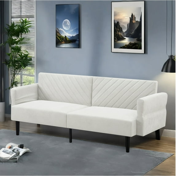 BSHTI 76.8 inch Futon Sleeper Sofa Couch,Polyester Blend Upholstery Convertible Futon Sofa Couch,for Home,Office,Guest Room Beige