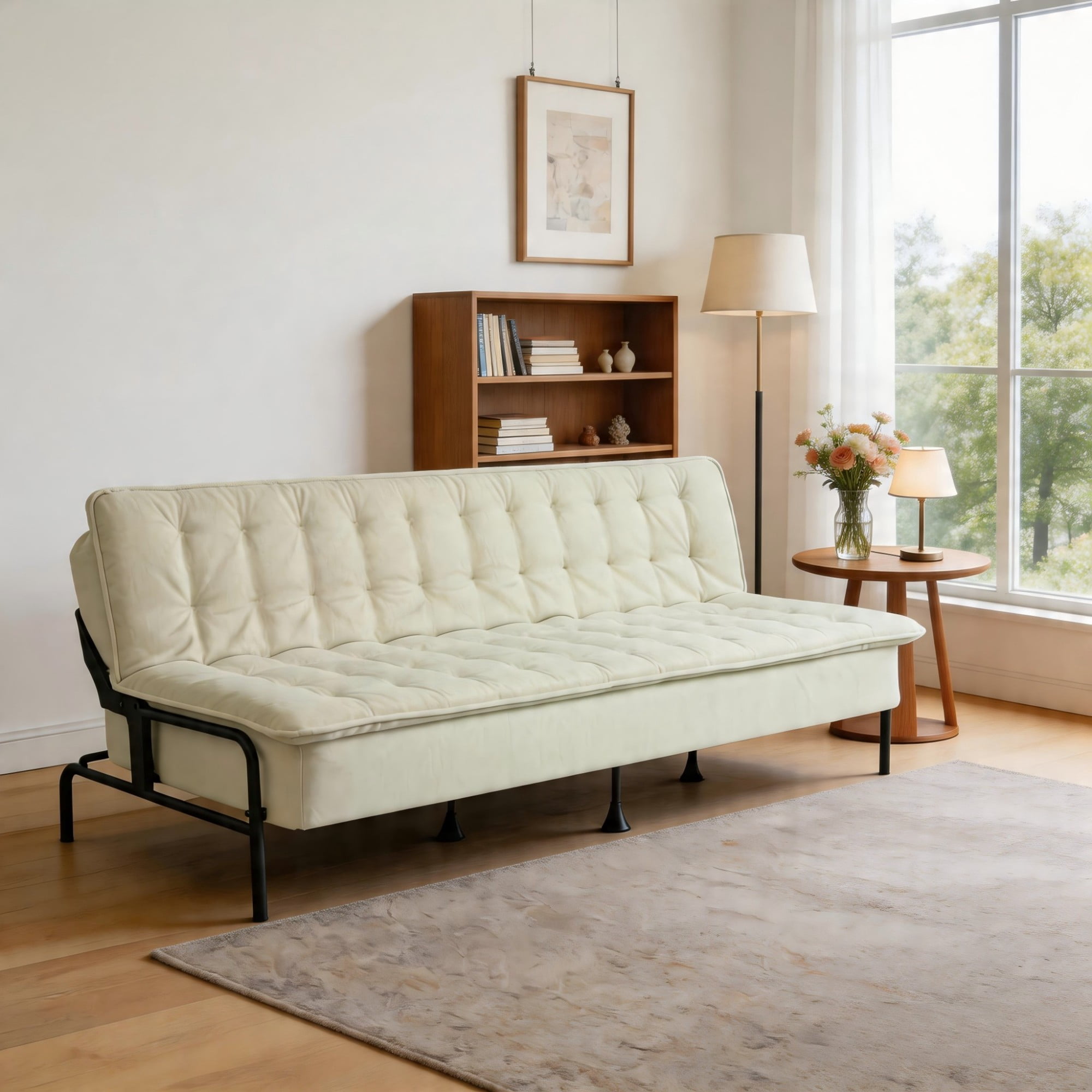 BSHTI 76" Linen Futon Sofa Bed – 3 Adjustable Backrest Angles, Convertible Couch, Metal Frame with Anti-Slip Feet, Space-Saving for Apartment Living Room Small Space，Beige