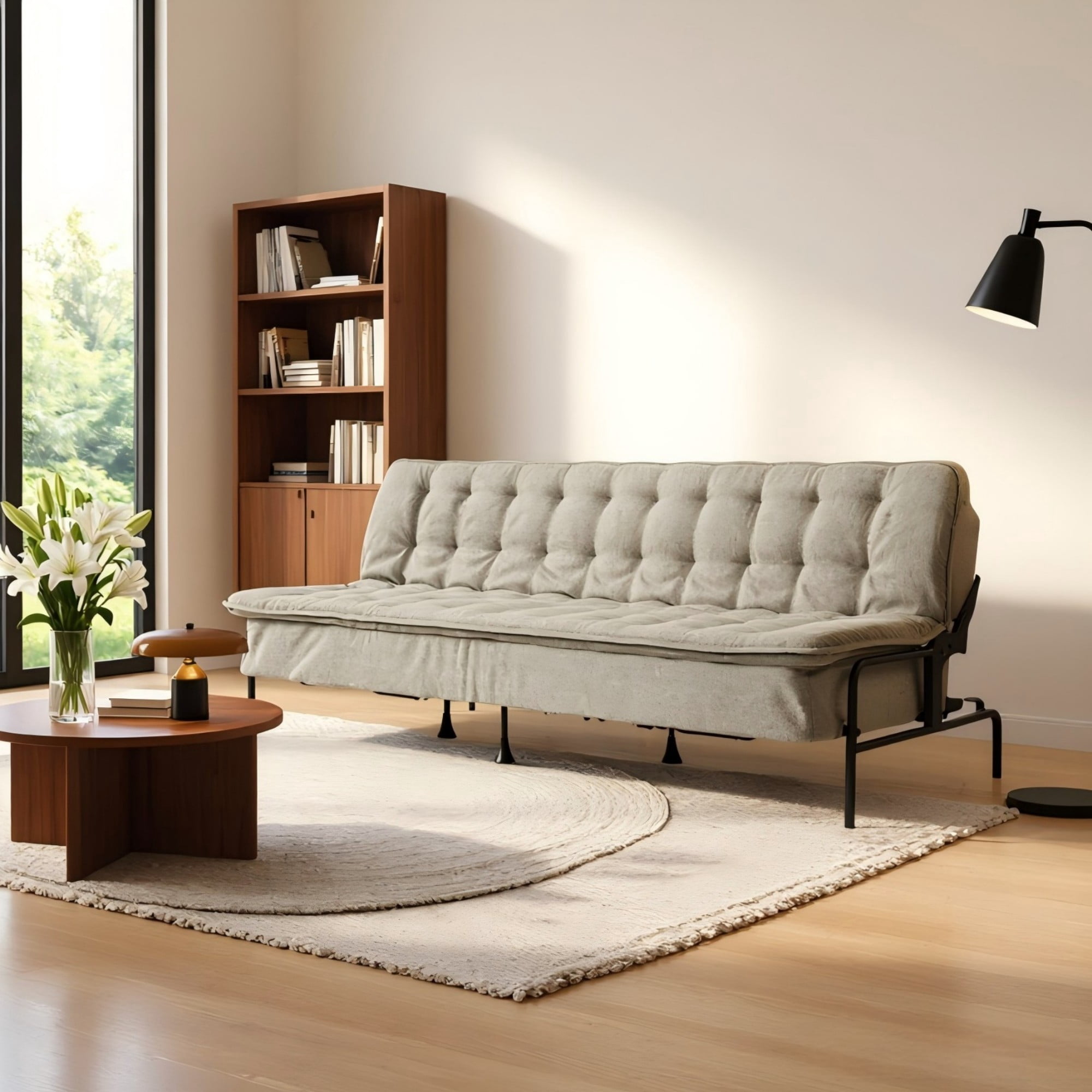 BSHTI 76" Linen Futon Sofa Bed – 3 Adjustable Backrest Angles, Convertible Couch, Metal Frame with Anti-Slip Feet, Space-Saving for Apartment Living Room Small Space，Gray