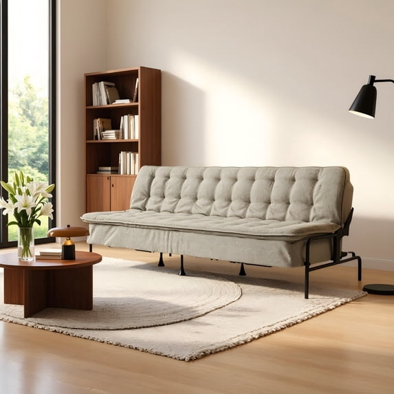 BSHTI 76" Linen Futon Sofa Bed – 3 Adjustable Backrest Angles, Convertible Couch, Metal Frame with Anti-Slip Feet, Space-Saving for Apartment Living Room Small Space,Gray