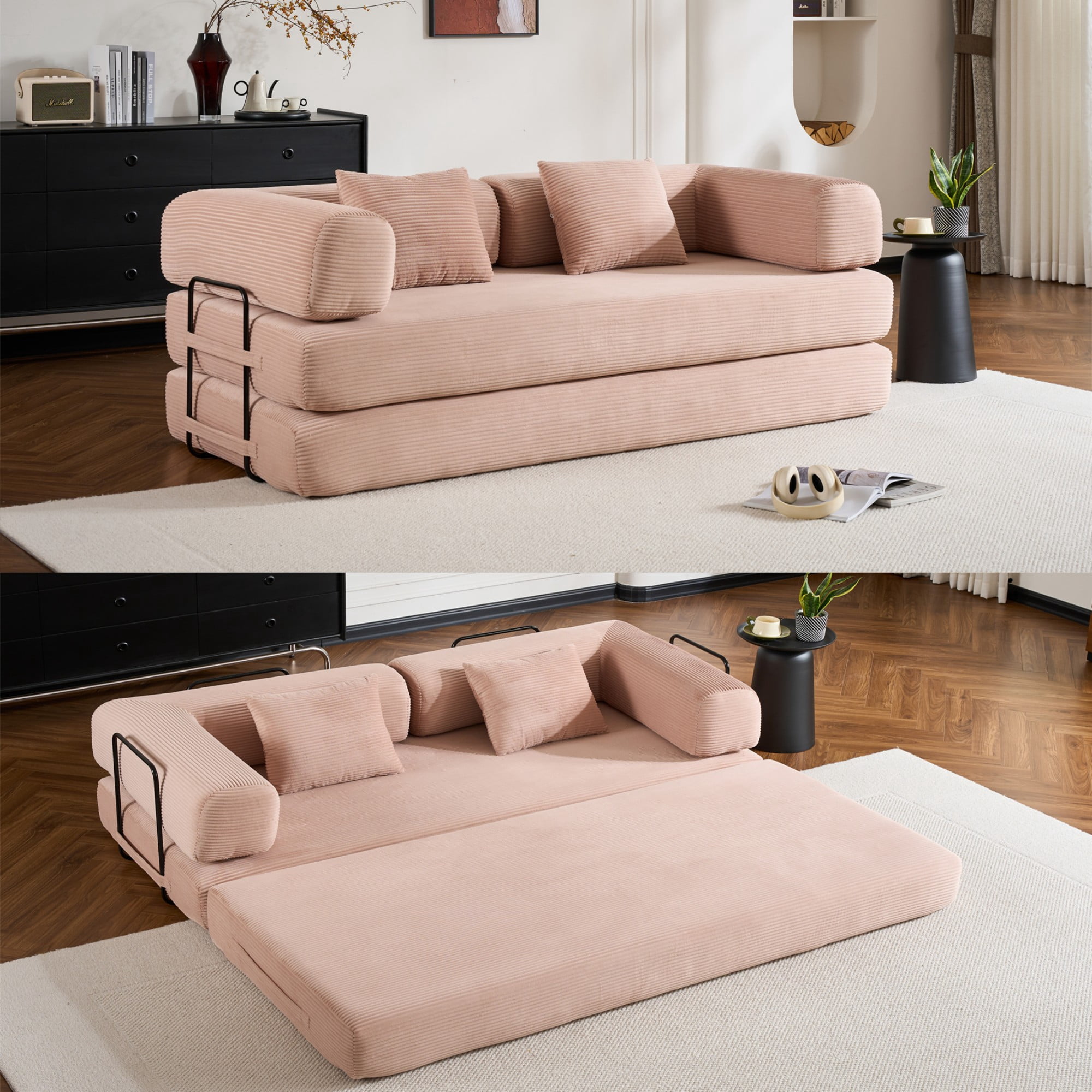 BSHTI 77" Casual Corduroy Convertible Sleeper Sofa Bed with Cylindrical Pillow, No Assembly, Small Space for Living Room（Pink）